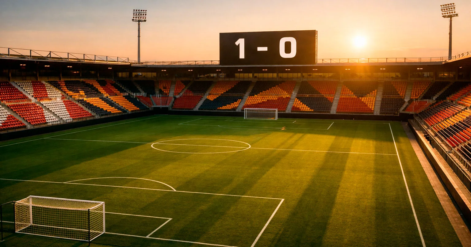 Voetbalstadion met wedstrijdatmosfeer en scorebord