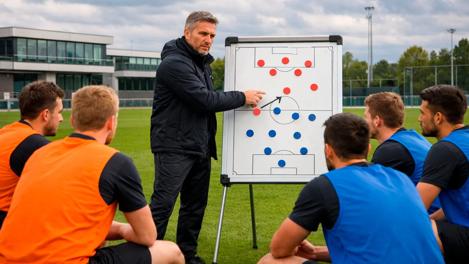 Voetbalteam op trainingsveld met coach