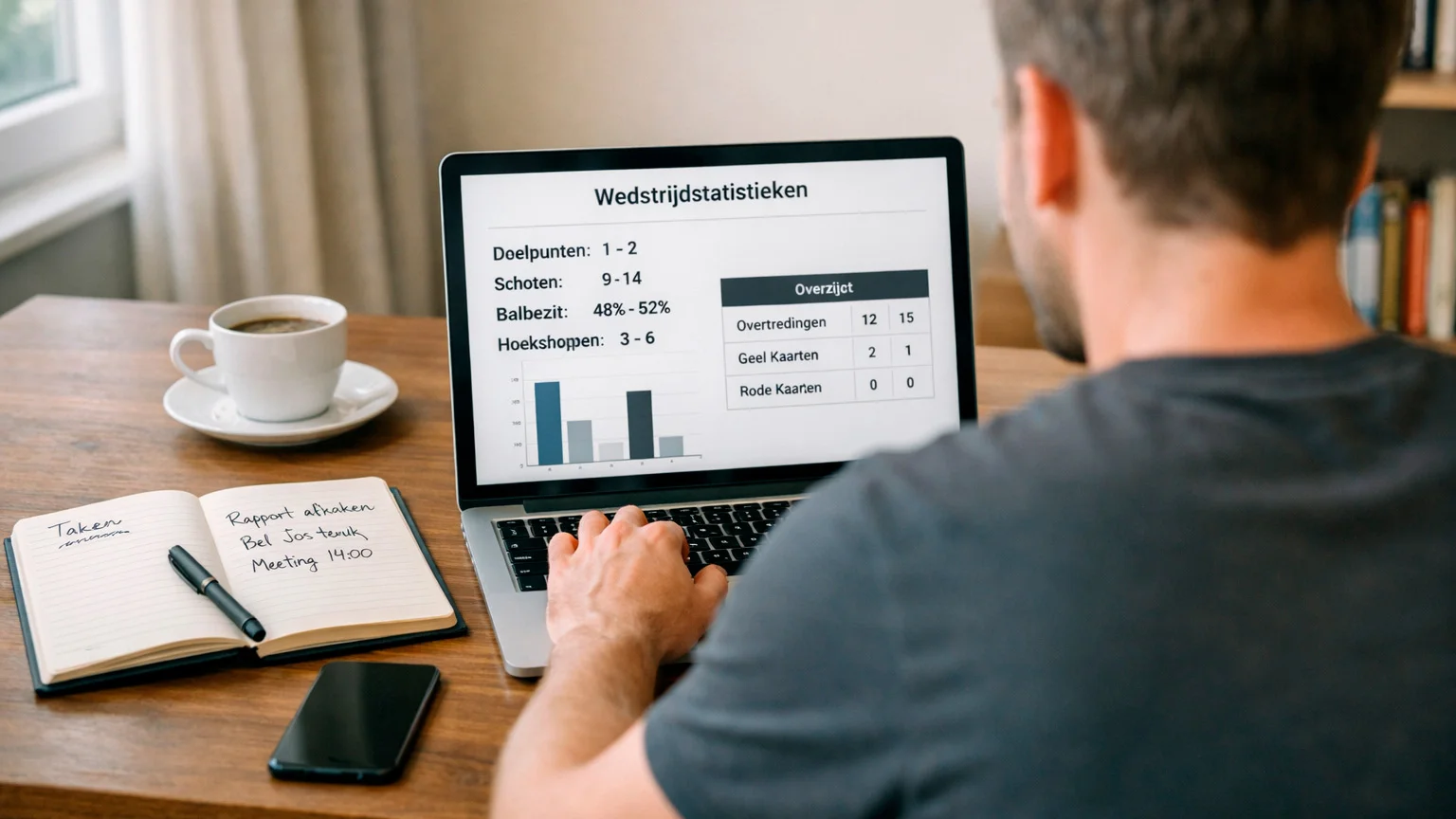 Persoon analyseert voetbalstatistieken op laptop