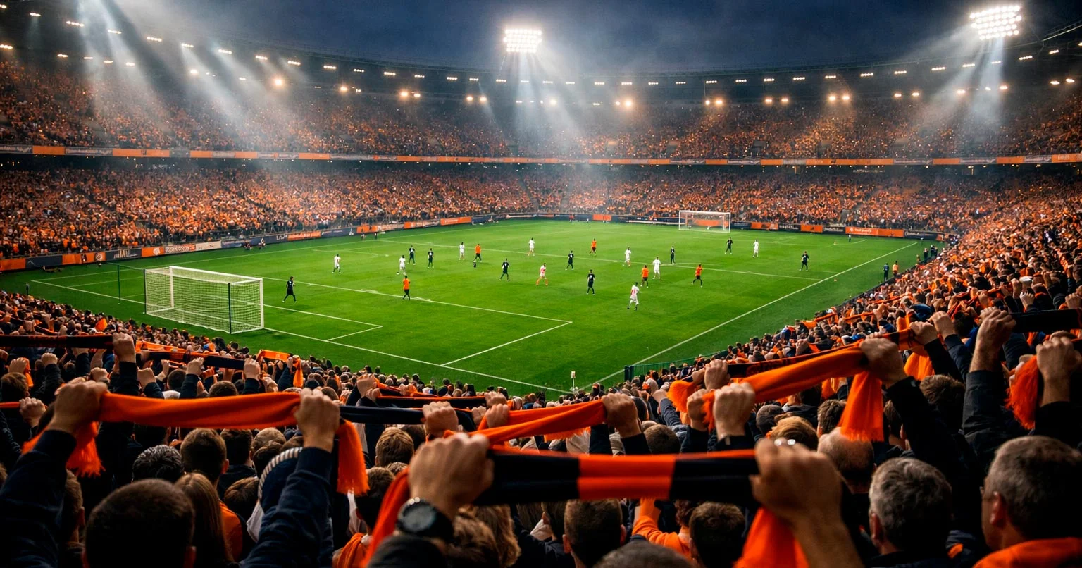 Voetbalwedstrijd in stadion met supporters