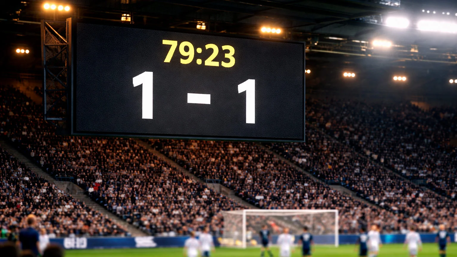 Voetbalwedstrijd in slotfase met klok op scorebord