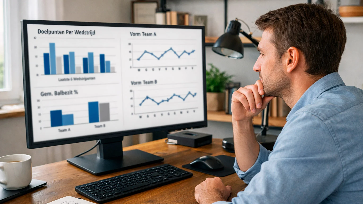 Analist bestudeert voetbalstatistieken op monitor