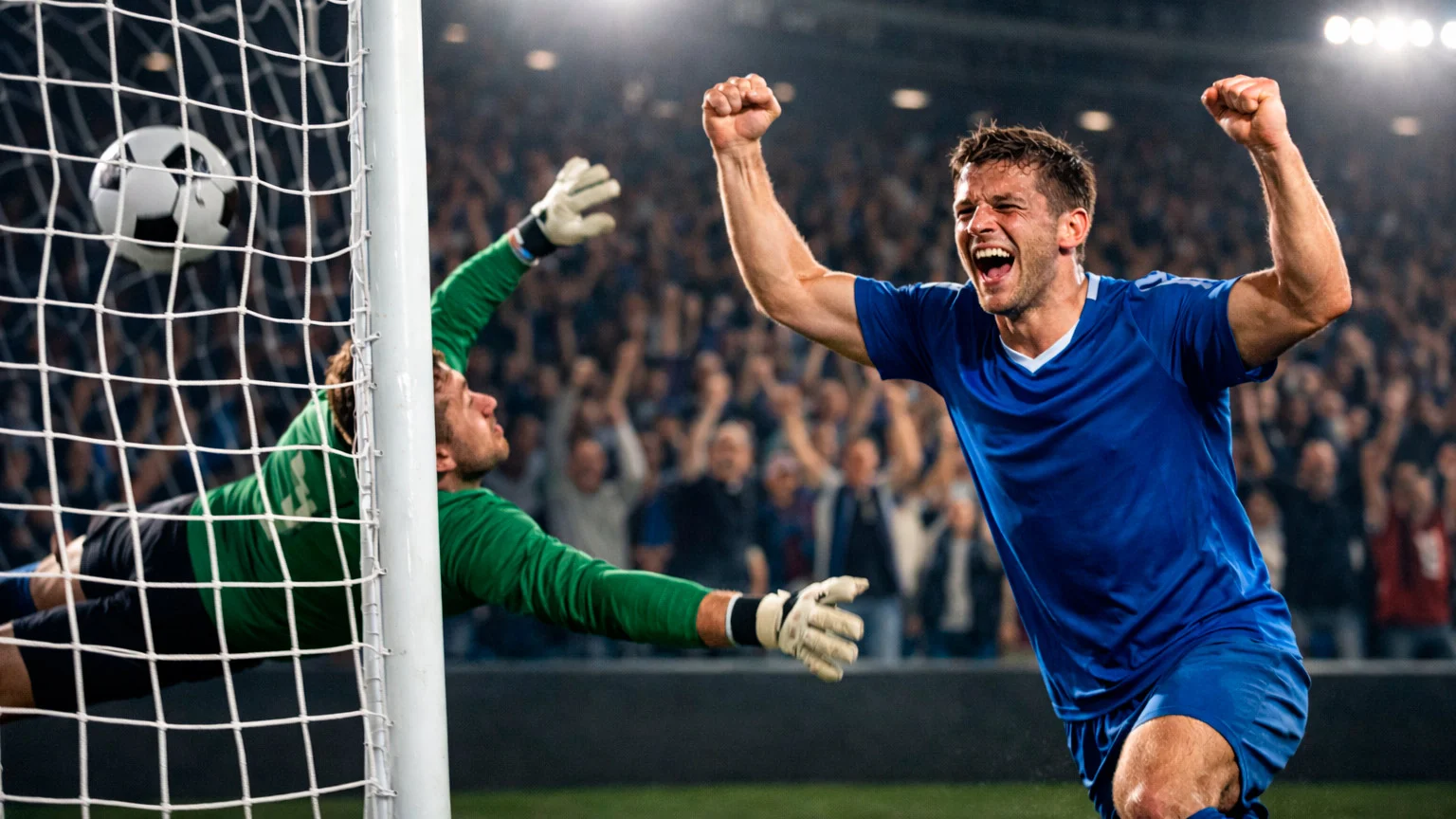 Voetballer scoort doelpunt met juichend publiek