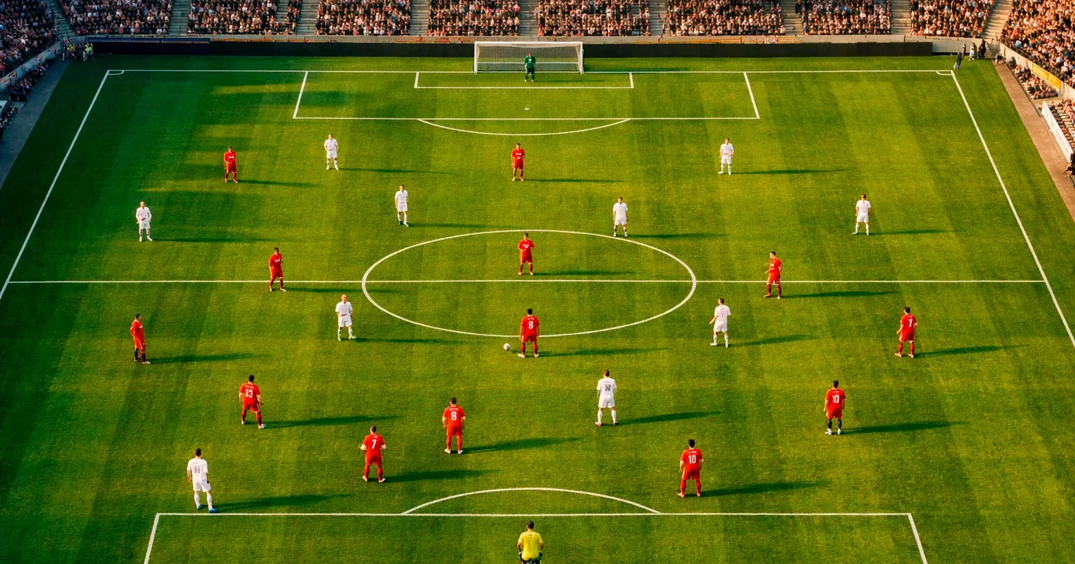 Voetbalveld vanuit hoge hoek tijdens wedstrijd