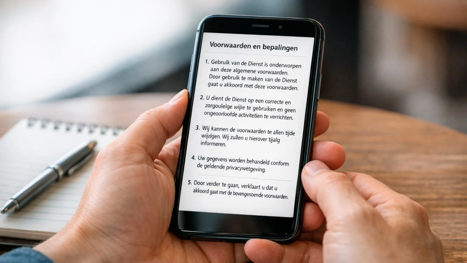 Persoon leest bonusvoorwaarden op smartphone
