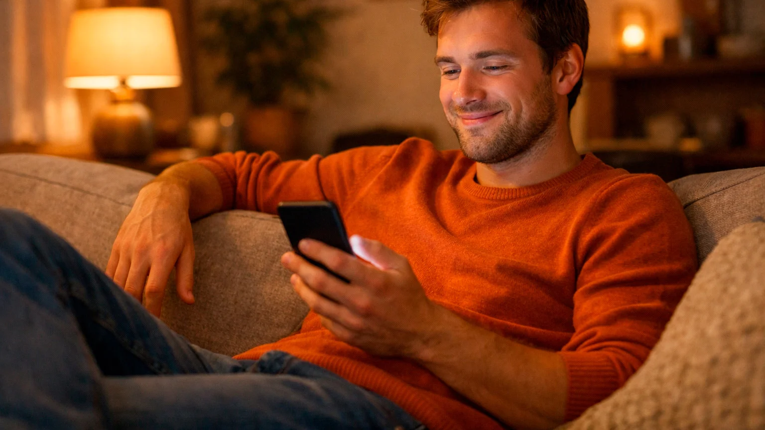 Tevreden wedder bekijkt voetbalresultaten op telefoon