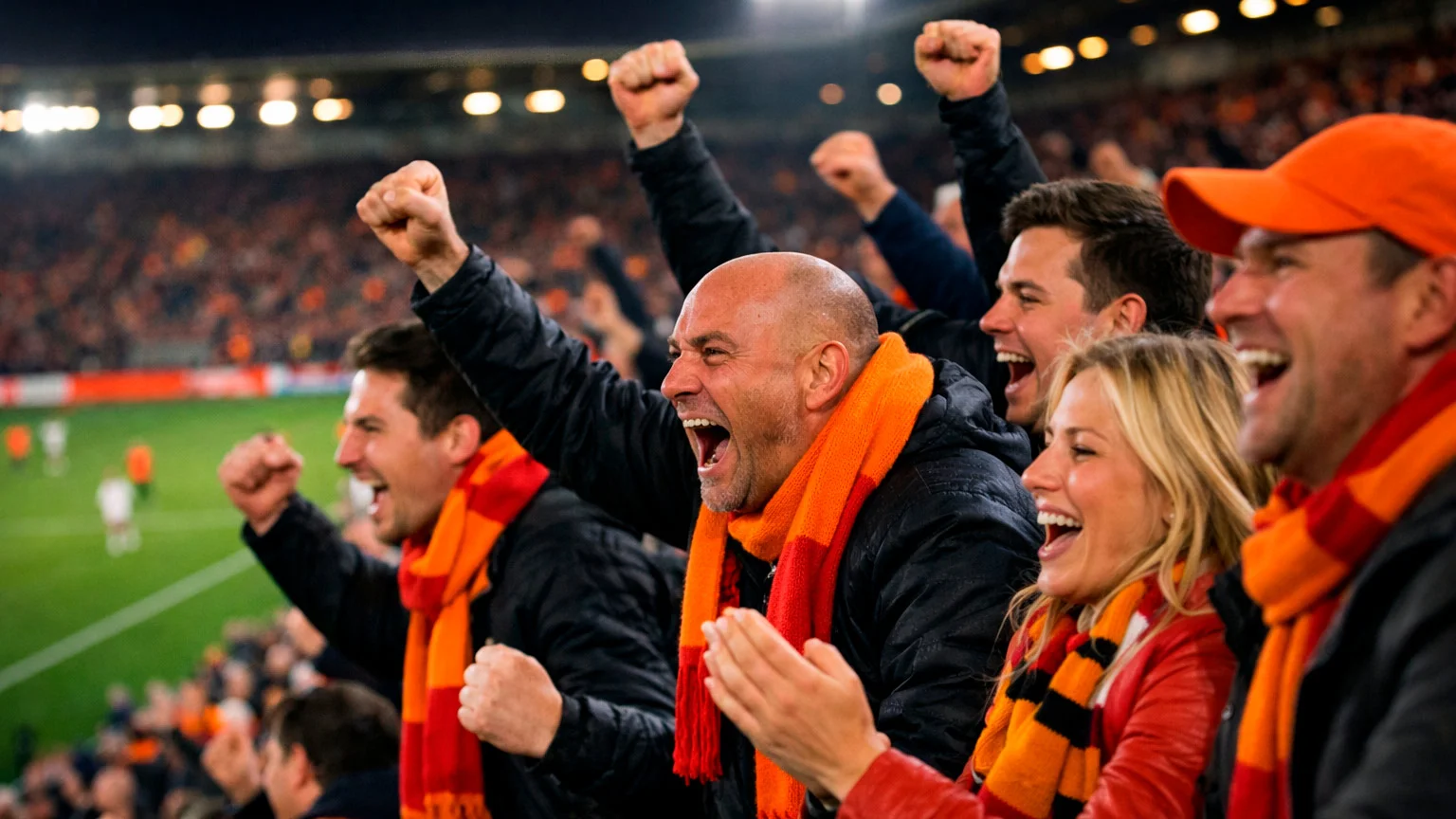 Voetbalfans vieren in stadion tijdens Eredivisie wedstrijd