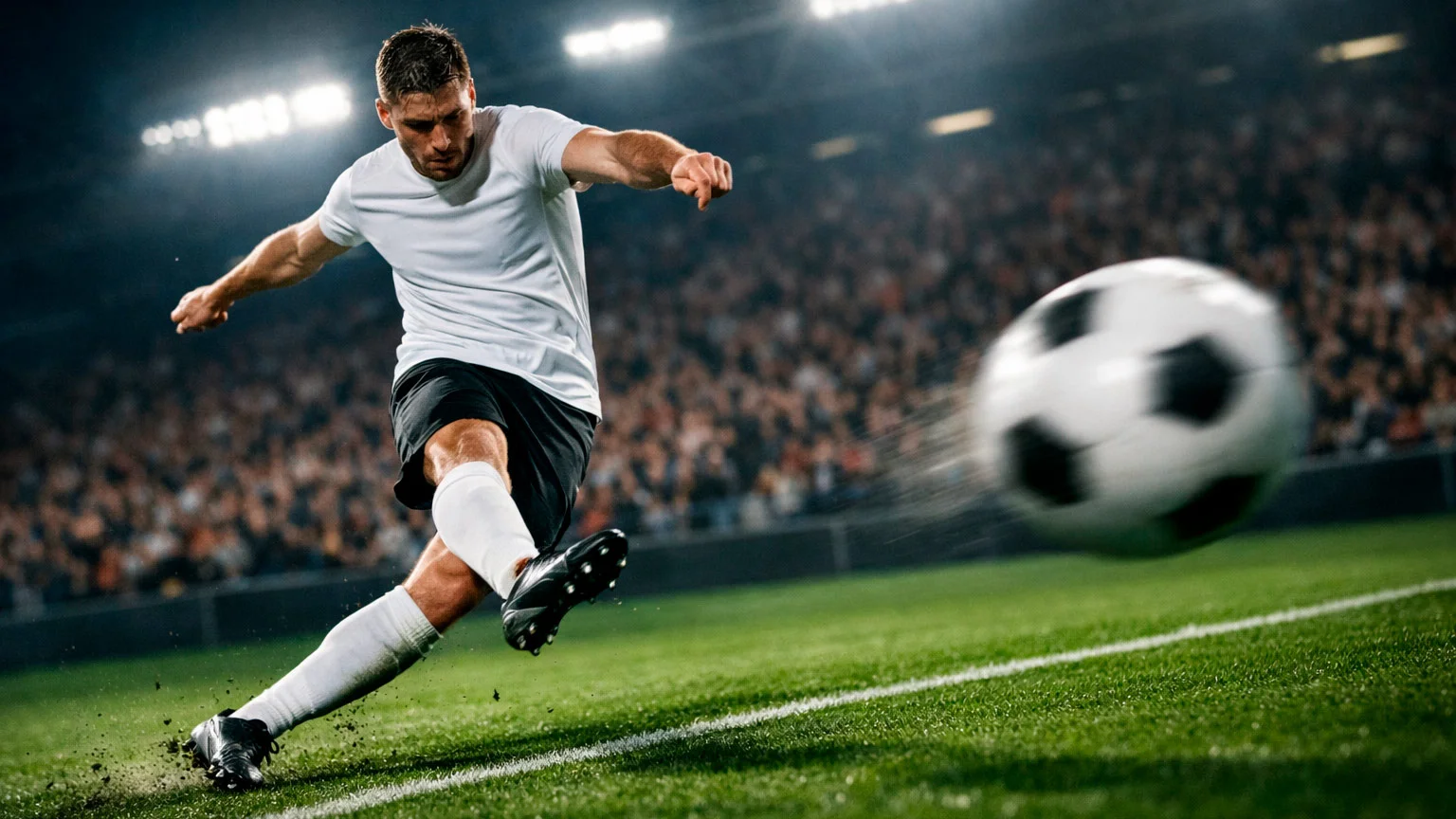 Voetballer schiet op doel tijdens wedstrijd