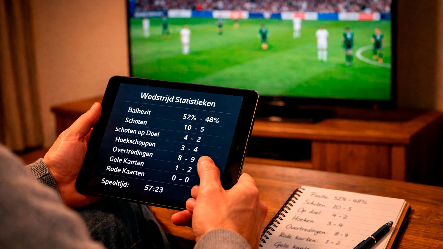 Persoon analyseert voetbalstatistieken op tablet