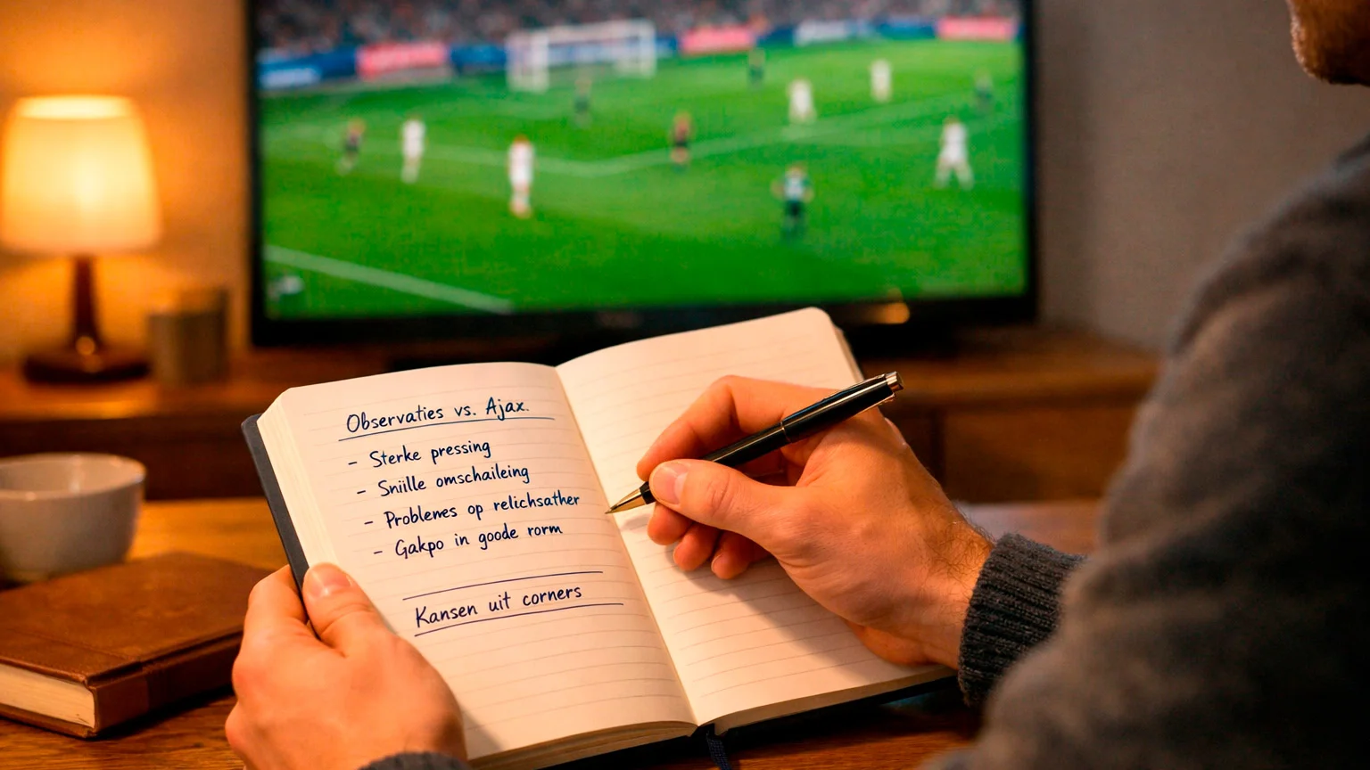 Gefocuste wedder maakt notities tijdens voetbalwedstrijd