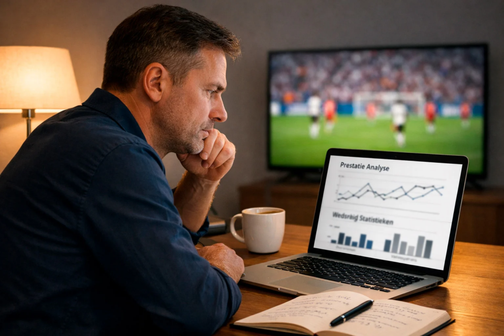 Professionele wedder analyseert voetbalstatistieken op een laptop scherm