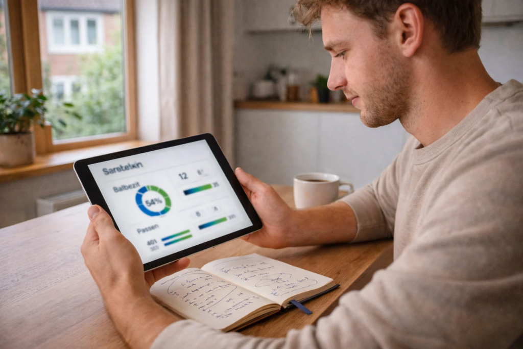 Jonge man bestudeert voetbalwedstrijden op tablet met notitieblok ernaast