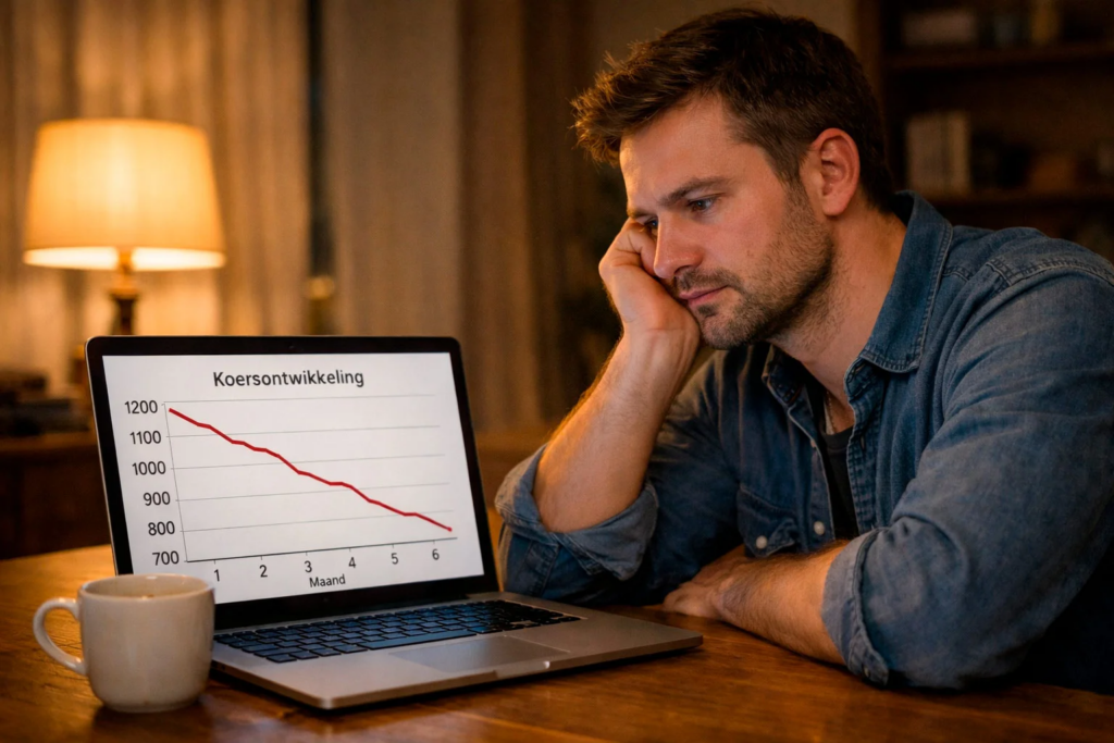 Gefrustreerde man met hoofd in handen bij laptop toont emotionele valkuilen van wedden