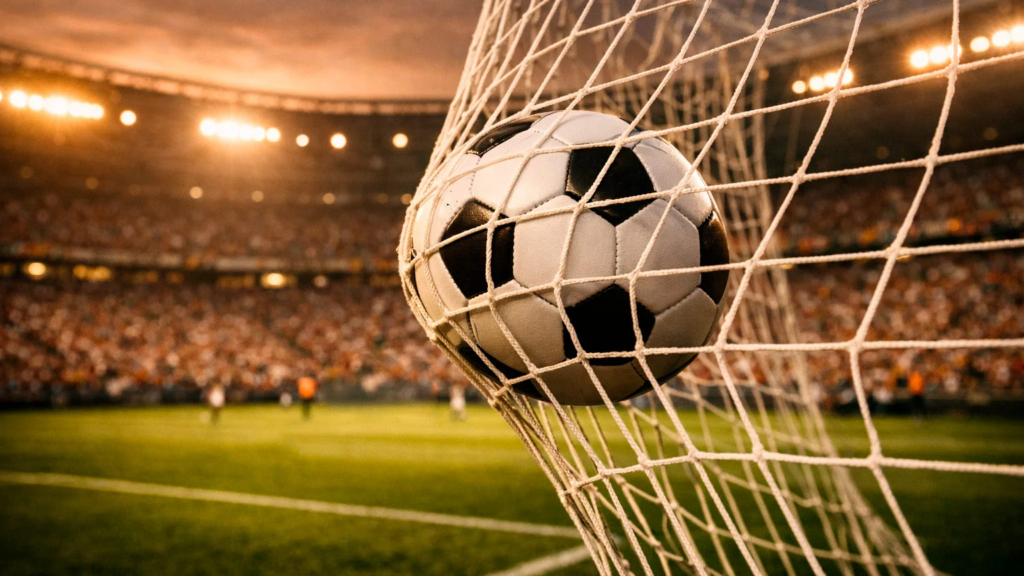 Voetbalstadion met sfeervolle avondverlichting tijdens een belangrijke wedstrijd